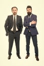 Collaboration and teamwork. Bearded businessmen in formal clothes. Boss and employee. Education for business. Successful