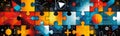 Collaborative back-to-school background, interconnected geometric shapes and symbols, group project puzzle pieces,