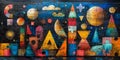 Collaborative back-to-school background, interconnected geometric shapes and symbols, group project puzzle pieces,