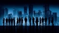 Collaborative cityscape, Silhouette business team in blue-themed global setting