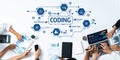 Collaborative Coding Process in a Modern Workspace Featuring Data Structure, Source Code, and Analysis Tools with Royalty Free Stock Photo