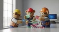 Three Construction Teddy Bears Collaborating to Stack Colorful Disk Blocks in an Office Royalty Free Stock Photo