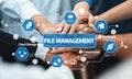 Collaborative File Management Concept with Hands, Icons, and Digital Symbols Representing Cloud Storage, Backup Royalty Free Stock Photo