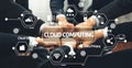 Collaborative Hands and Cloud Computing Technology Concept with Visual Icons Representing Data Privacy, Backup, and Big Royalty Free Stock Photo
