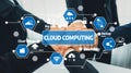 Collaborative Hands Over Cloud Computing Concept with Graphical Icons Representing Technology, Storage, Big Data, and Royalty Free Stock Photo