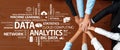 Collaborative Hands Over Data Analytics Concept with Words Representing Statistics, Cloud Computing, Machine Learning Royalty Free Stock Photo