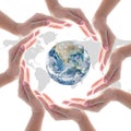 Collaborative people`s hands surrounding globe world map for community empowerment concept.