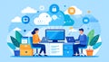 Collaborative Teamwork, Cloud Computing, and Data Security: Modern Office Illustration Royalty Free Stock Photo