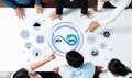 Collaborative Teamwork in DevOps Environment with Cloud Computing and Data Analytics Graphics on Office Table Quark Royalty Free Stock Photo