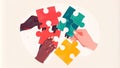 Collaborative teamwork: diverse hands connecting puzzle pieces Royalty Free Stock Photo