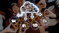 Collaborative Technology Concept with Hands, Gears, and Cloud Computing Icons, Illustrating Innovation, Teamwork, and Royalty Free Stock Photo