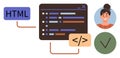 Collaborative Web Development Highlighting HTML, Code Analysis, and Team Member Profiles Royalty Free Stock Photo