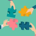Collaborative work. People`s hands doing puzzle together on turquoise background, vector illusration in flat style Royalty Free Stock Photo