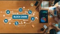 Collaborative Workspace with Blockchain Technology Elements Featuring Security, Cryptography, Network, and Tokenization Royalty Free Stock Photo