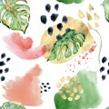 Collage Abstract tropical memphis seamless pattern. Watercolor monstera leaves, hand drawn black and gold shapes