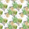 Collage Abstract tropical memphis seamless pattern. Watercolor tropical leaves, hand drawn black and gold shapes