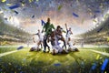 Collage adult soccer players in action on stadium panorama Royalty Free Stock Photo