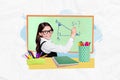 Collage advertisement school courses education small girl nerd academic uniform draw triangle blackboard maths Royalty Free Stock Photo