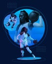 Collage with african-american female basketball player posing with ball over blue background. Concept of healthy Royalty Free Stock Photo