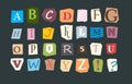 Collage alphabet. Sliced letters various funny style font for flyer or anonymous notes vector colored punk alphabet