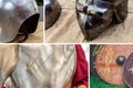 Collage ammunition medieval warrior set chain mail cuirass, helmet with visor and shield Royalty Free Stock Photo