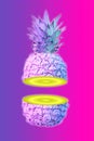 Collage with ananas in vibrant bold gradient holographic colors in a creative concept art style. Creative colorful neon