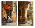 collage of an ancient Arabic cafe building. Painting old Cairo wall posters artwork. Royalty Free Stock Photo