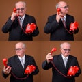 Collage of angry overweight senior businessman using telephone