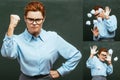 Collage of angry teacher standing with