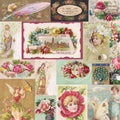 Collage of antique victorian trading cards with flowers and fairies