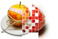 Collage of apple surrounding of measuring tape tied with twine a