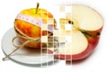 Collage of apple surrounding of measuring tape tied with twine a