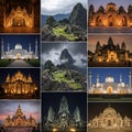 A collage of architectural wonders and landscapes. Key elements include illuminated Royalty Free Stock Photo
