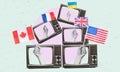 Collage art, lots of retro TVs with the flags of the world sticking out of them