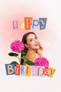 Collage artwork of dreamy charming lady enjoying birthday flowers isolated painting background