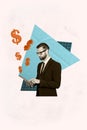 Collage artwork graphics picture of confident guy earning money apple samsung modern device isolated painting background