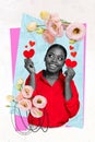 Collage artwork graphics picture of dreamy cute lady excited getting 14 february gifts isolated painting background