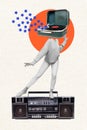 Collage artwork graphics picture of happy lady player instead head having fun listening boom box isolated painting Royalty Free Stock Photo