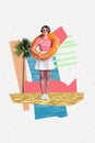 Collage artwork graphics picture of smiling happy lady working beach lifeguard isolated painting background