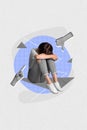 Collage artwork graphics picture of stressed depressed lady crying getting dislikes isolated painting background