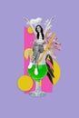 Collage artwork image poster of funky crazy cheerful girl sitting green mojito raise hands rejoice weekend time isolated