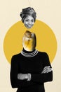 Collage artwork image of young black skin woman river fish on head isolated on drawing background Royalty Free Stock Photo