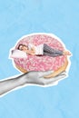 Collage artwork photo of young sleeping relaxed girl overworked dreaming order tasty sweet donut cake nap pillow