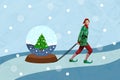 Collage artwork picture of funky smiling elf dragging x-mas snow ball isolated graphical background Royalty Free Stock Photo