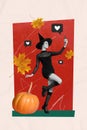 Collage artwork picture of funny charming wiccan wear halloween costume tacking selfie isolated creative background