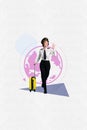 Collage artwork sketch of happy girl air hostess carrying valise showing hand saying hello isolated on drawing