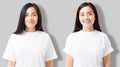 Collage of asian girl in blank template t shirt isolated on gray background. Young woman in tshirt with copy space and mock up