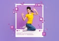 Collage with Asian woman jumping inside photo frame and social media icons on violet studio background