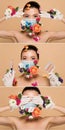 Collage with asian woman in latex gloves and floral face mask with butterflies holding pills and coronavirus blood test