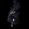 Collage of athlete, fitness coach in explosion of colored neon black smoke fluid isolated on dark background.